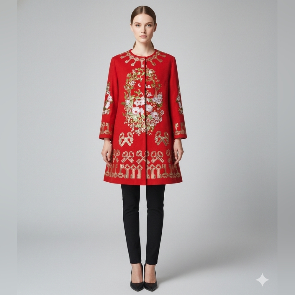 ​Yi Qi Meng Red Floral Embroidered Wool Blend Coat XL Fits Small